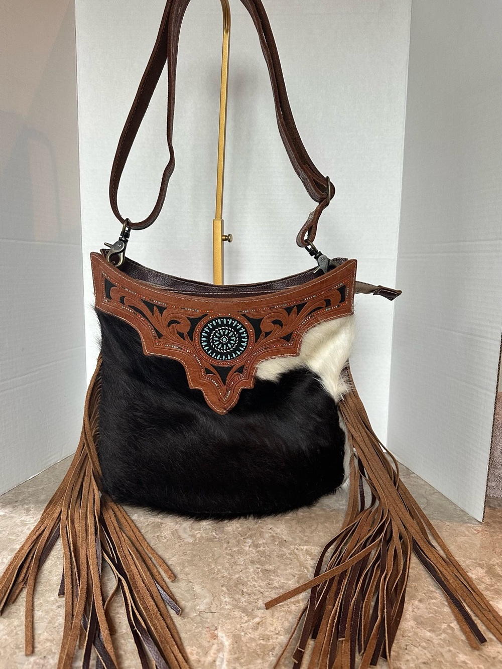 Myra Bag Hand Tooled Leather Hair On Cowhide Fringe Shoulder Bag Tassel Boho